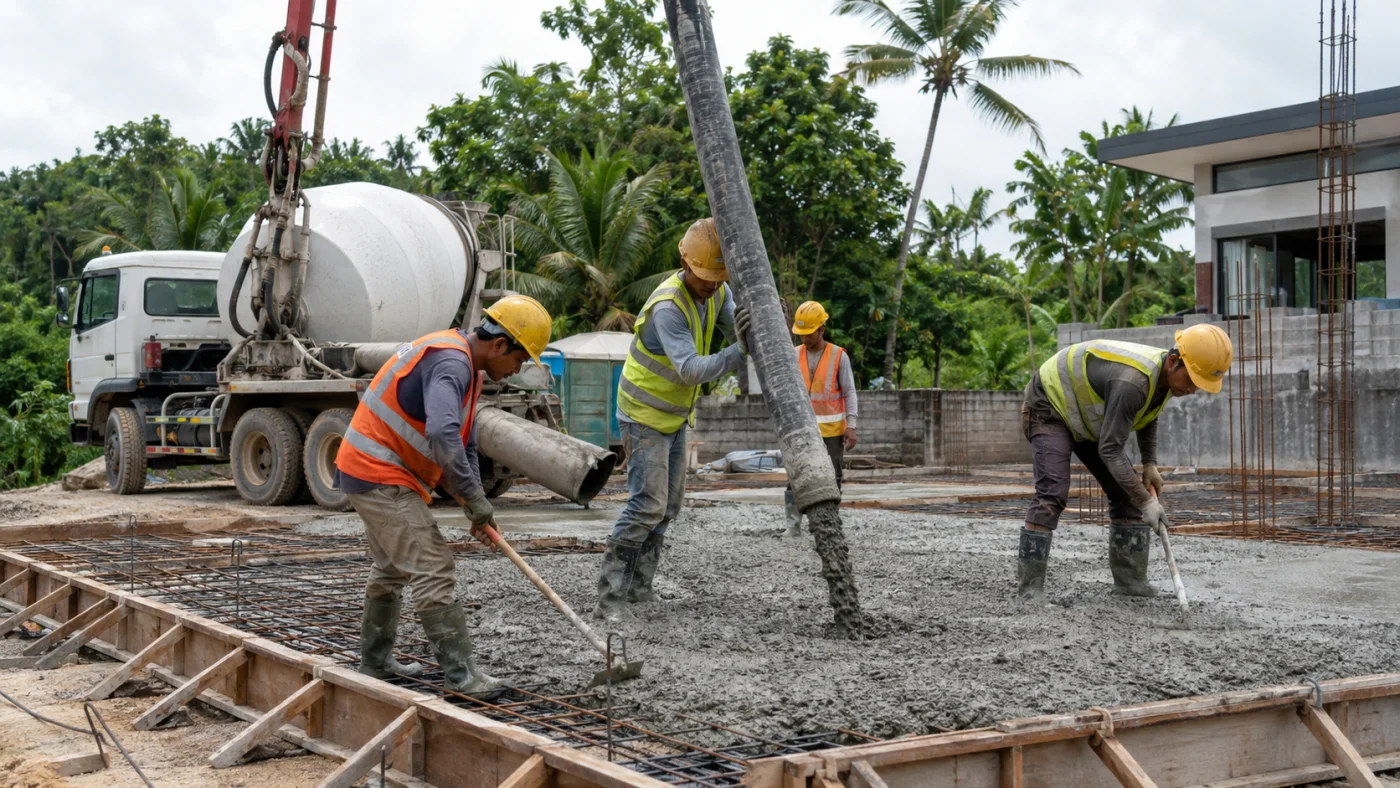 Pengecoran beton ready mix dengan truck mixer dan pompa beton di Bali