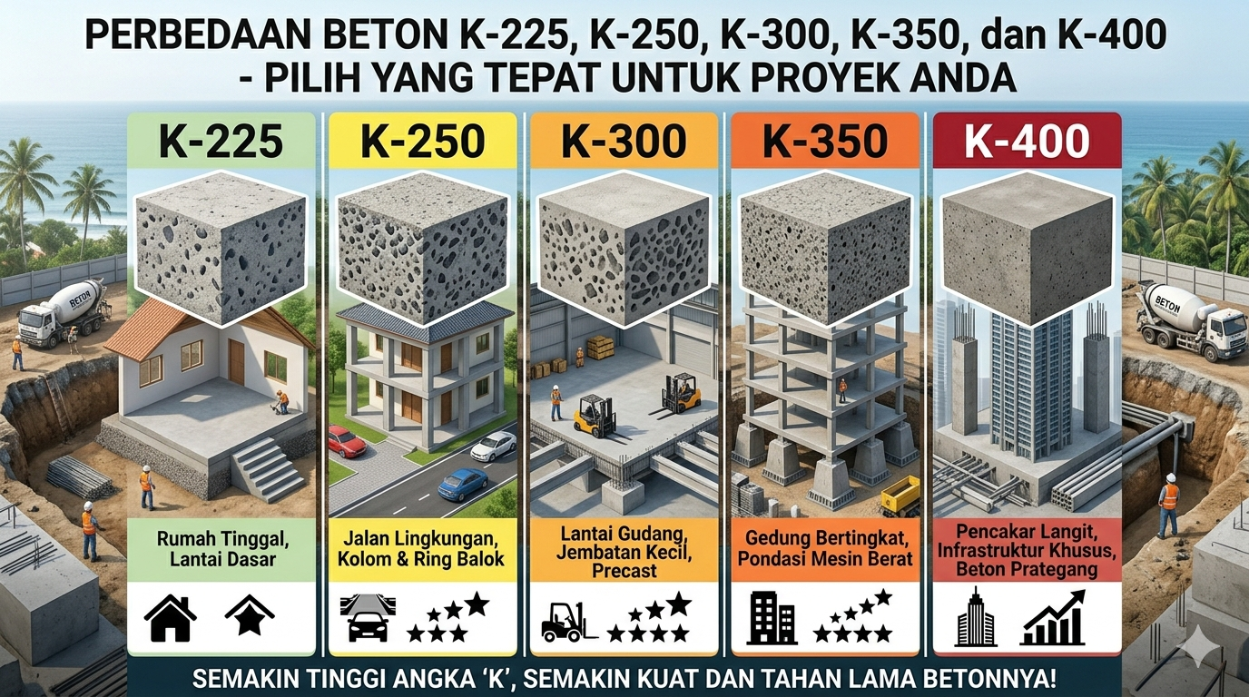 Perbedaan Beton K-225, K-250, K-300, K-350, dan K-400 – Pilih yang Tepat untuk Proyek Anda